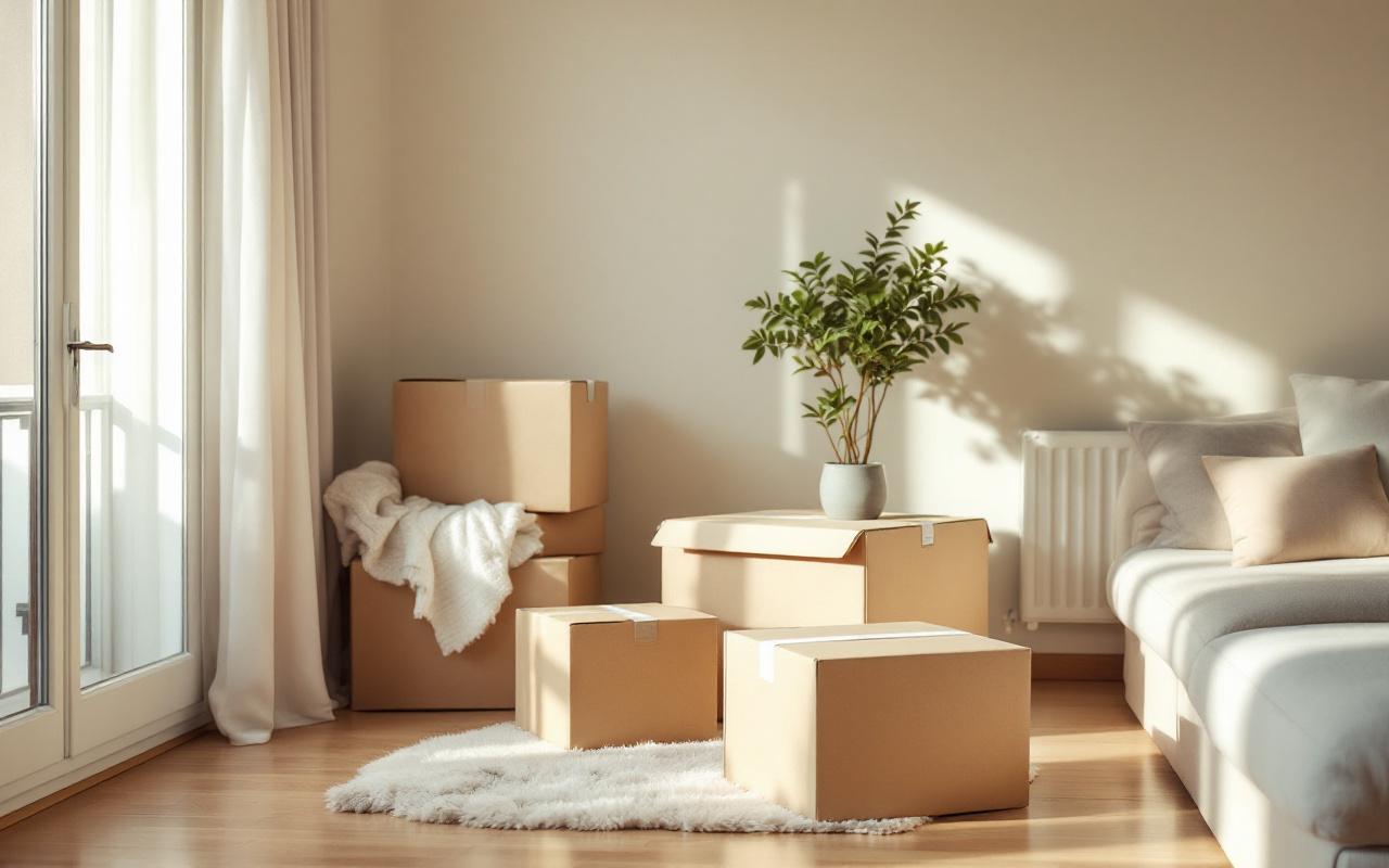 Intérieur lumineux d’un petit appartement parisien, avec des cartons ouverts, un mobilier compact disposé avec soin et une ambiance chaleureuse et organisée.