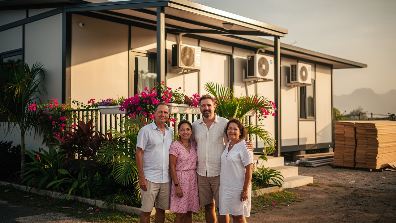 Une famille devant un bungalow modulaire climatisé installé après un sinistre en Martinique, avec une ambiance tropicale et un chantier en arrière-plan.