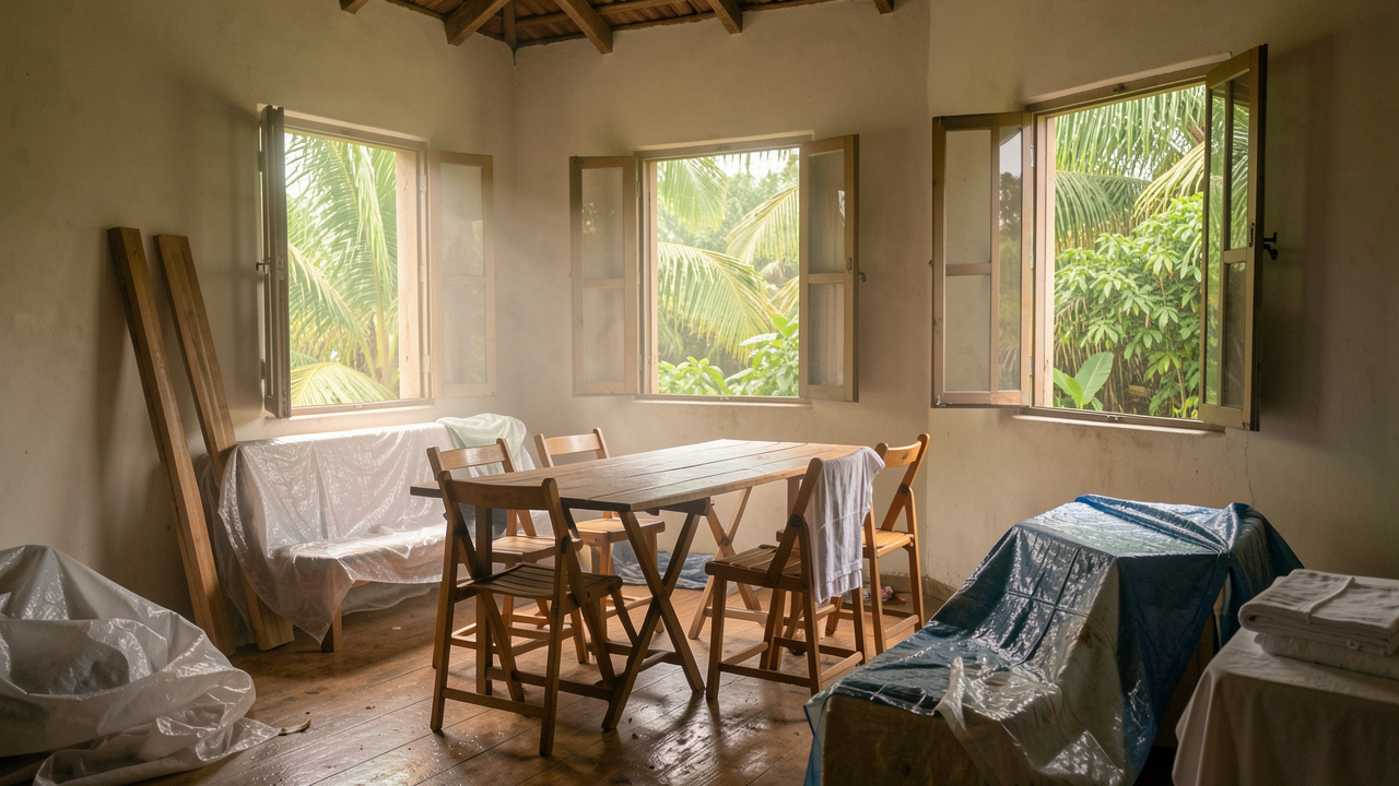 Maison tropicale après réorganisation après des dégâts, avec mobilier provisoire, lumière douce et végétation humide visible près des ouvertures, ambiance réaliste en Martinique.
