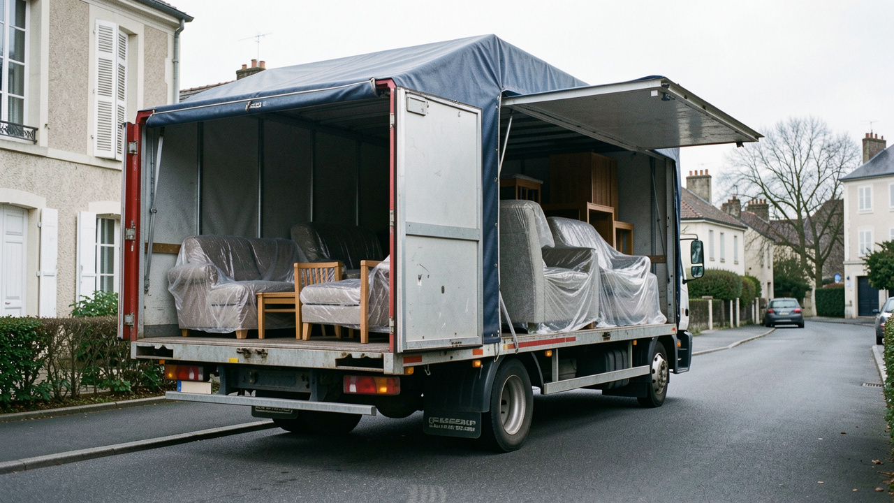 Camion de déménagement poids lourd stationné dans une rue résidentielle française, avec le hayon déployé et des meubles protégés par des couvertures dans la caisse capitonnée.