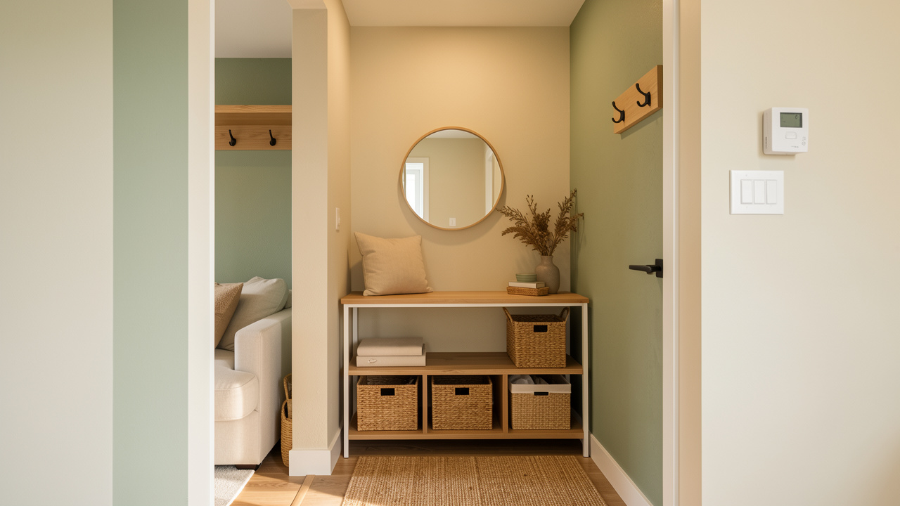 Petite entrée fonctionnelle ouverte sur un salon chaleureux, avec console en bois, patères murales, miroir rond, banc étroit et paniers de rangement.