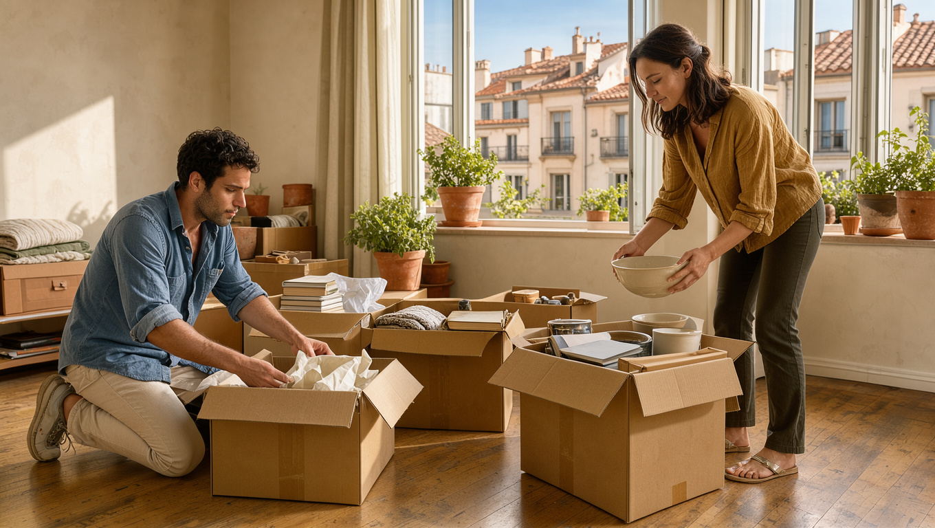 Un homme et une femme organisent des cartons dans un appartement lumineux de Montpellier, avec une vue sur une architecture méditerranéenne.