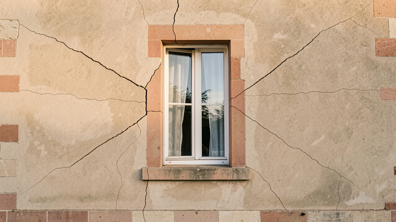 Façade réaliste d’une maison individuelle en France, avec des fissures diagonales visibles près d’une fenêtre après une période de sécheresse.