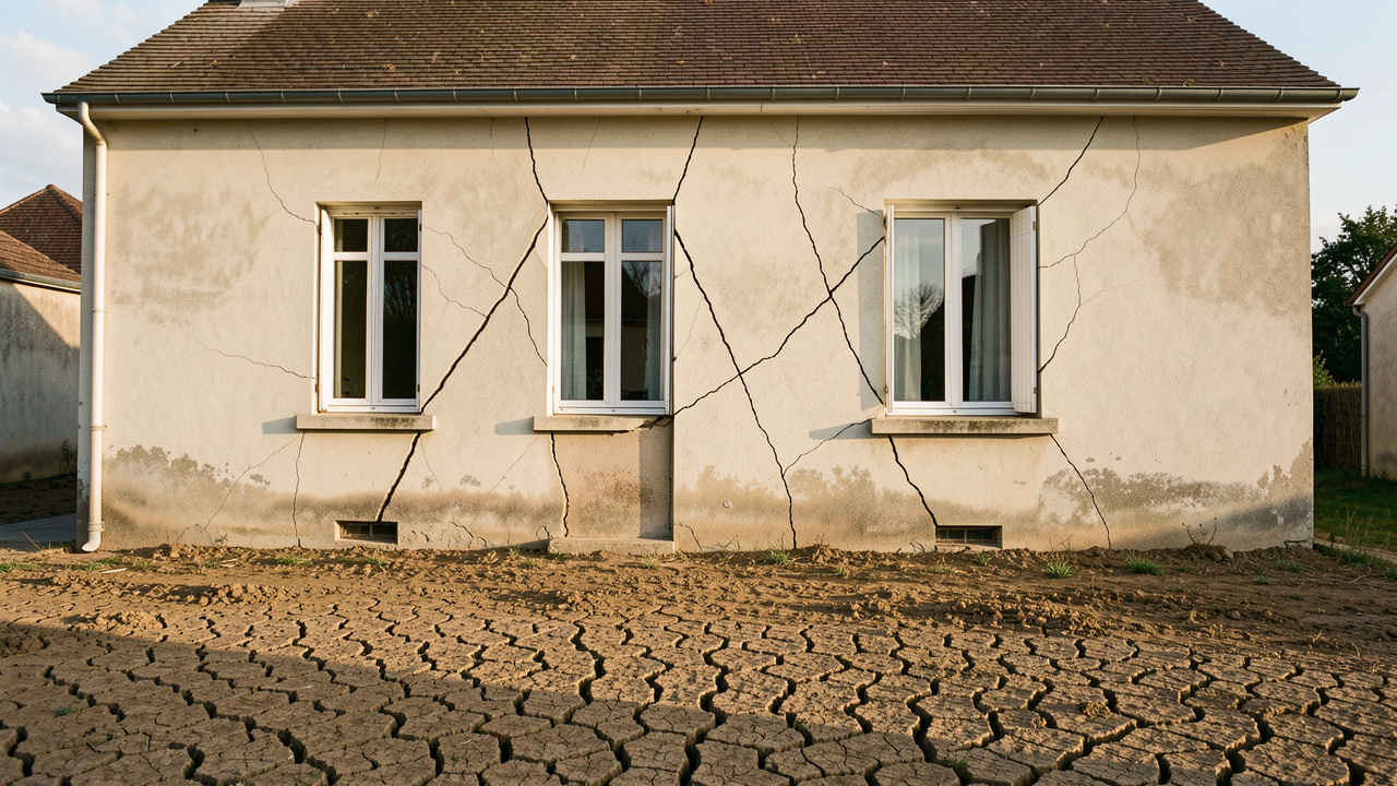 Façade d’une maison individuelle française avec des fissures diagonales près des fenêtres, devant un sol argileux sec, éclairée par une lumière naturelle réaliste.